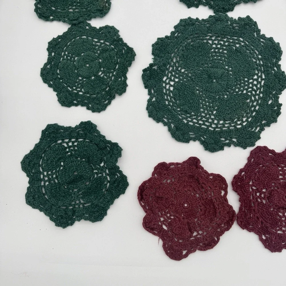 Vintage Crochet Doilies Lot 13 Green Burgundy‎ Cotton Holiday Cottagecore
